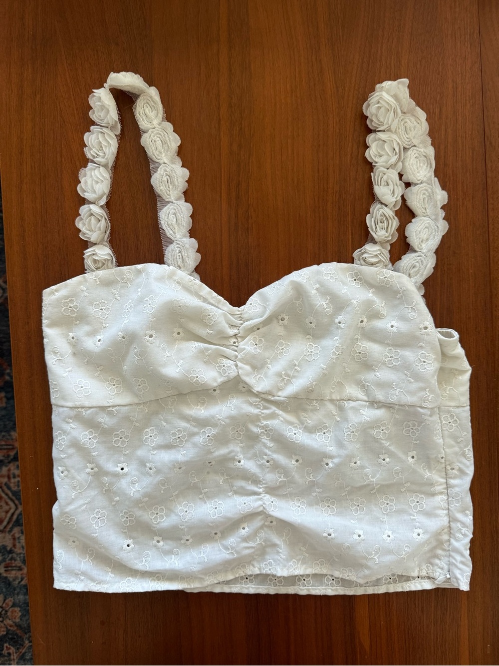 Princess Polly White Floral Eyelet Crop Camisole with Rosette Straps